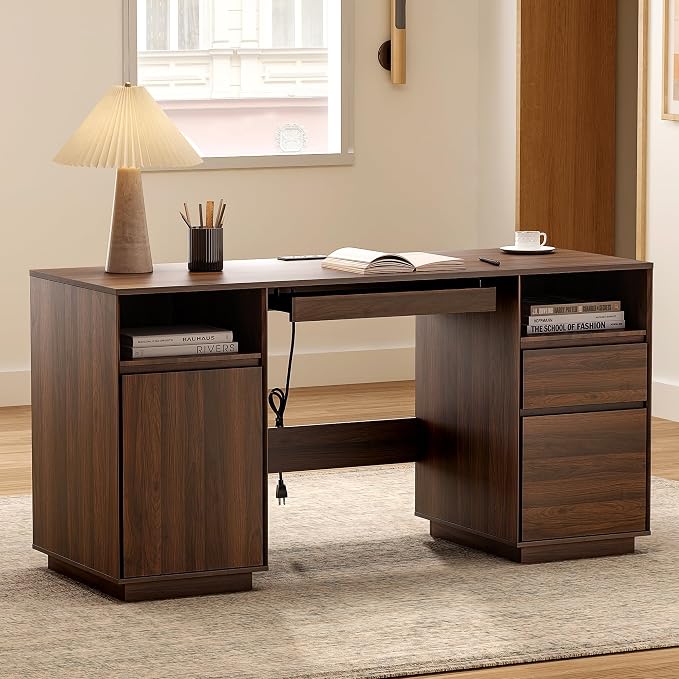 EYYTHUNG 59" Office Desk, Farmhouse Wide Home Executive Desk with File Drawer & Open Storage & Power Outlet, Wooden Computer Desk for Study Writing, Brown