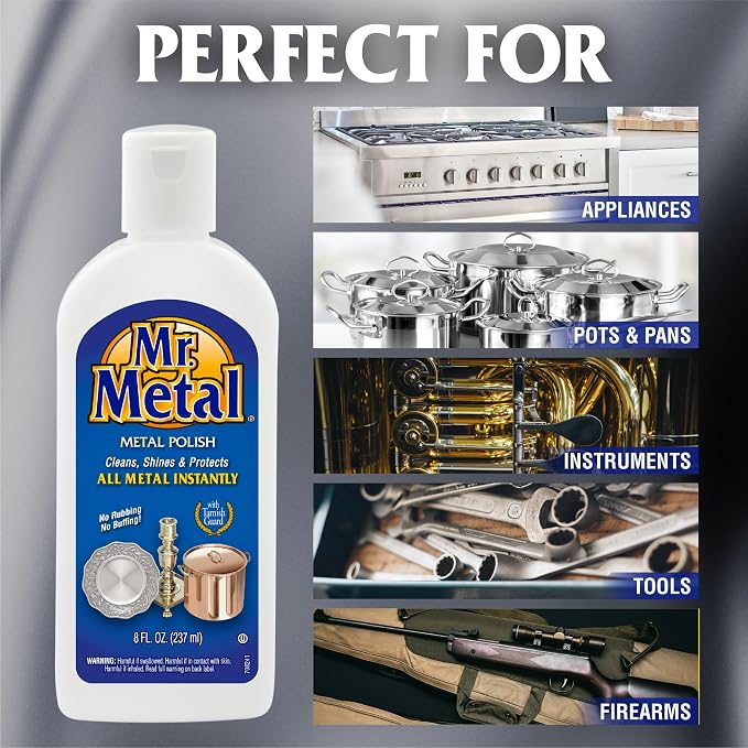 Mr. Metal Metal Polish Liquid, Multipurpose Cleaner, Tarnish Remover, 8 oz | Non-Abrasive, For Sterling Silver & Silverplate, Brass, Copper, Stainless Steel, Pewter & Chrome, Removes Tarnish Fast
