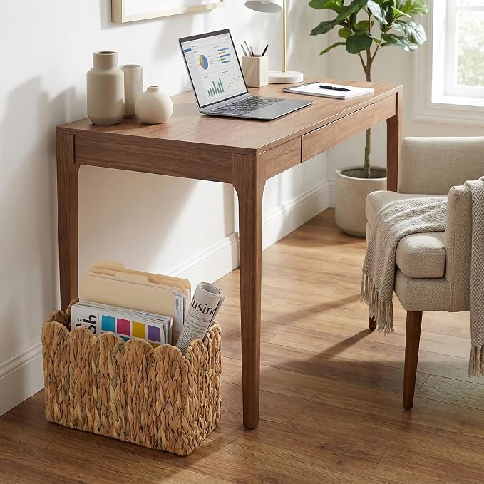 Water Hyacinth Magazine Holder, Tall Narrow Scalloped Basket | Wicker Book Basket Natural Water Hyacinth Scalloped Edge Magazine Basket Desk, Office, Entryway Storage 15"L x 6"W x 11"H