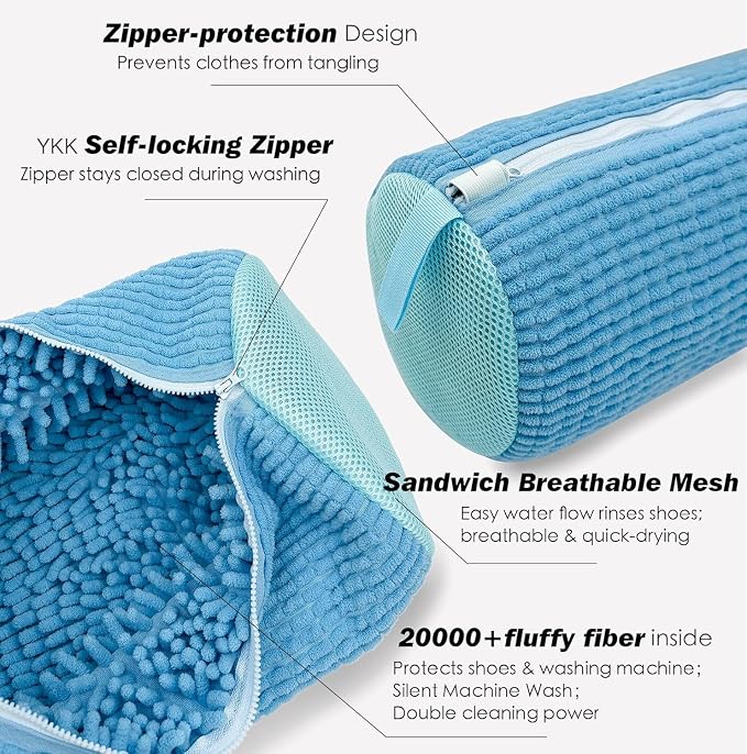 Shoe Washing Machine Bag,Laundry Shoe Bag for Washer and Dryer,Reusable Shoe Cleaning Bag for Sneakers,Tennis Shoes,With Self-locking Zipper, Microfiber Inside,Include Shoe Bag (Lite Blue - 1 Pack)
