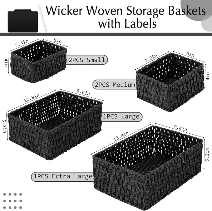 Marsui 6 Pcs Wicker Storage Baskets for Pantry Organization with Labels Handwoven Paper Rope Multi-size Black Wicker Storage Bins for Organizing Small Baskets Container for Shelves Closet Toilet