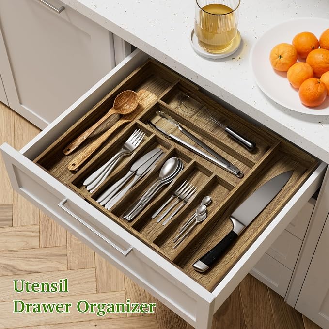 Kiasthome Acacia Wood Kitchen Silverware Drawer Organizer, Expandable Utensil Cutlery Drawer Organizer with Dividers, Flatware Organizer Silverware Tray for Spoon, Fork, 13''-20''x16.9'' (7-9 Slots)