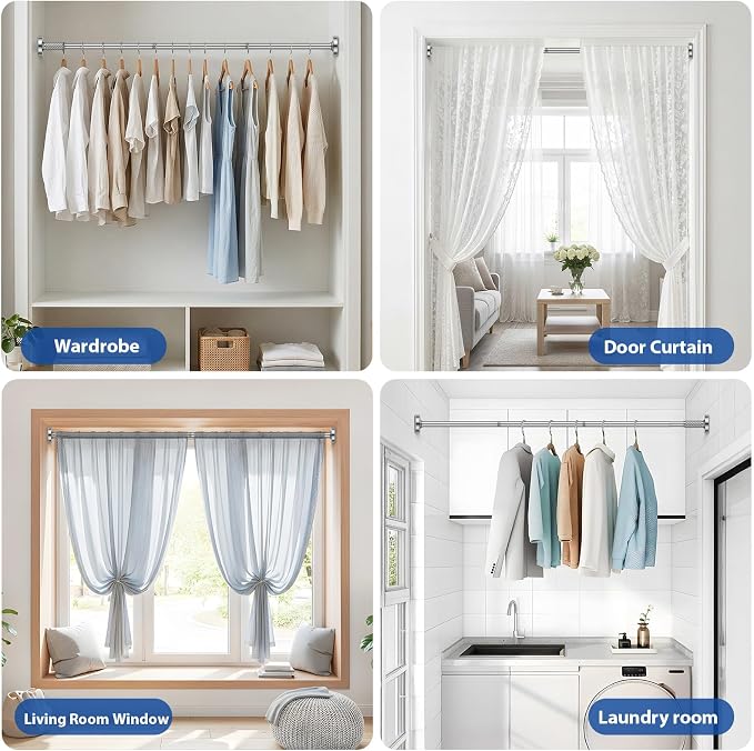 Tension Curtain Rod 32-76Inch Adjustable Curtain Rod Silver Tension Rod Spring Curtain Rods no Drilling Shower Curtain Rods for Bathroom,Windows,Closets,Doorway