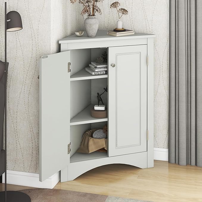 Corner Storage Cabinet with Adjustable Shelves, Triangle Bathroom & Kitchen Organizer, Freestanding Floor Cabinet for Toilet Kitchen Bathroom Cleaning Supplies (Gray)