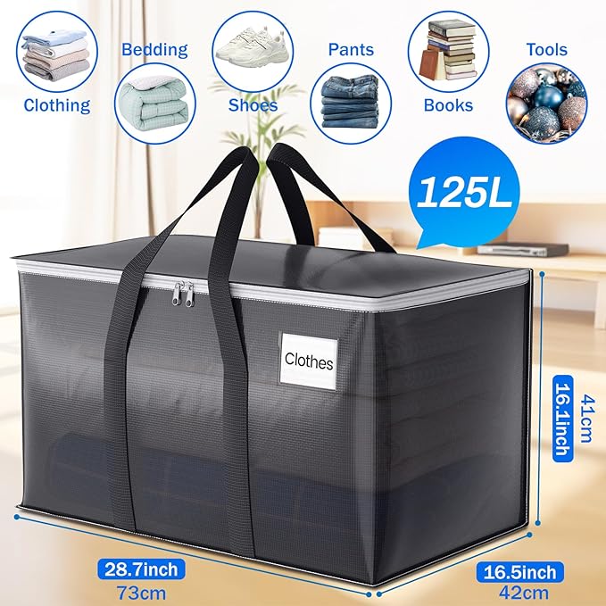 ElegantArray 2 Pack Moving Bags Heavy Duty, Moving Boxes, Storage Bags with Zipper & Handles & Tag for College & Dorm Moving Supplies Grey Laundry Hamper Bag, Foldable Space-saving Totes (125L, Grey)