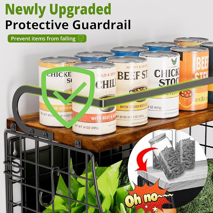 Magnetic Shelf for Fridge with Wood Top & Produce Basket – 2-in-1 Magnetic Spice Rack for Refrigerator – Space-Saving Kitchen Organizer for Fruits, Potatoes, and Onions (with Hooks)
