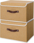 ANMINY 2PCS Storage Bin with Lid Storage Boxes with PU Leather Handles PP Plastic Board Decorative Foldable Lidded Cotton Linen Fabric Home Cubes Baskets Closet Organizer Container - Khaki, Medium
