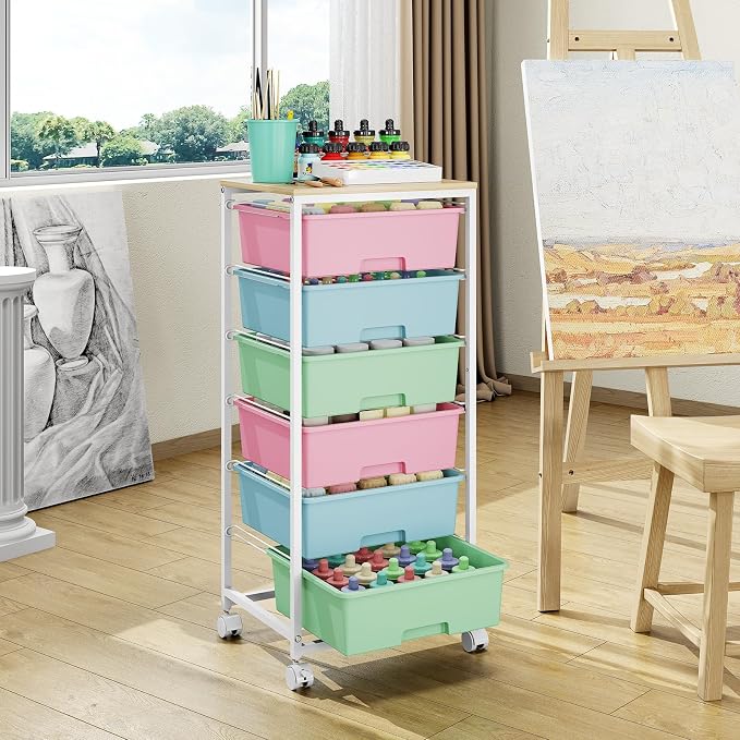 Rolling Storage Cart with 6 Drawers and Wooden Tabletop, Lockable Wheels Utility Cart for Art Studios, Office Supplies & Craft Room Organization (Rainbow)
