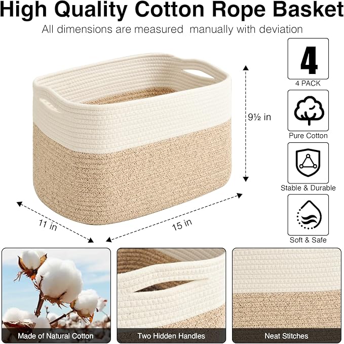 ICERZCZ Storage Baskets for Organizing & Shelves, Woven Cotton Rope Organization Bins for Dog Toys, Clothes, Books, Nursery Organizer, 15" Lx11''Wx9.5''H, (4 Packs) Off White & Brown