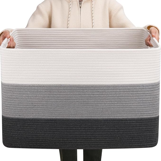 OIAHOMY 108L Super Large Blanket Basket, 25”x16”x16” Rectangle Woven Baskets for Storage, Cotton Rope Basket For Living Room, Toy Storage with Handle- Gradient Dark Grey