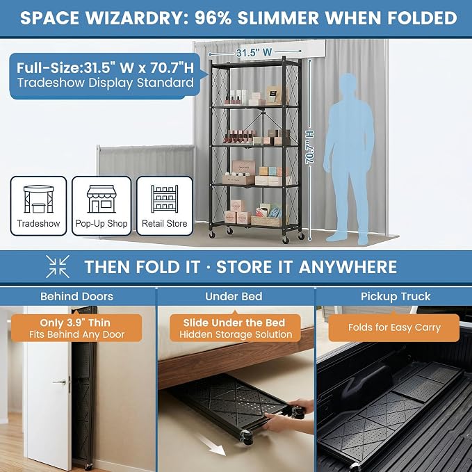 ALANNG 70.7" H Metal Storage Shelves, 5 Tier Folding Shelf on Wheels | Heavy Duty, No Assembly, Rolling, Collapsible Rack Unit for Kitchen, Basement, Pantry (Black,4 Pack)