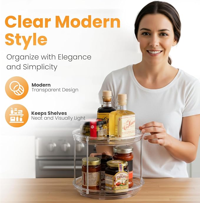 Oizeir Clear Two Tier Lazy Susan Organizer 2-Pack | Rotating Spice Rack Turntable, For Kitchen Cabinet, Countertop, Bathroom, Dining Table, Spinning Carousel Racks