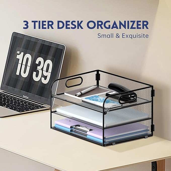Supeasy 3 Tier Paper Organizer with Handle, Mesh Desk Organizer Letter Tray, Paper Tray File Organizer for A4 File Folder, Black