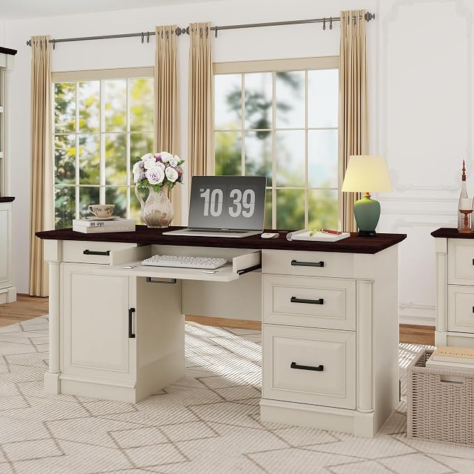 blini Large Farmhouse Executive Desk with Drawers，Wood Computer Desk，Embossed Texture Home Office Desk with File Cabinet Storage, Cable Management, Keyboard Tray，Working Table for Work Study Writing