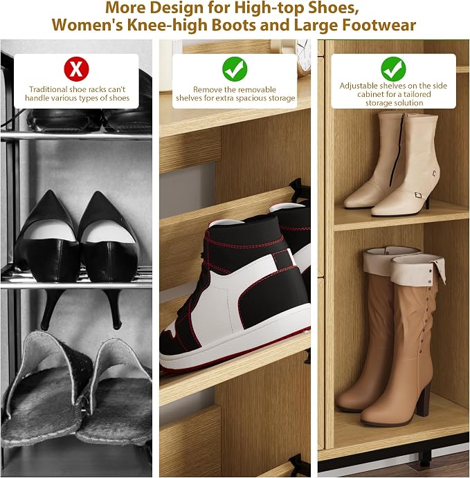 Garvee Shoe Cabinet with 3 Flip Drawers, Freestanding Shoe Organizer with 4-Tier Shoe Storage Cabinet and Adjustable Shelf & Rattan Doors,Narrow Shoe Rack Cabinet for Entryway, Closet, Hallway