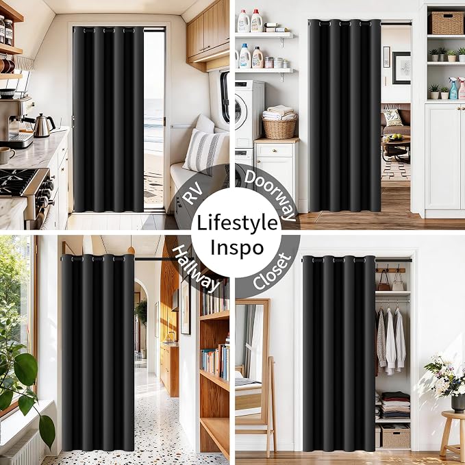 Vatge Magnetic Door Curtain with Rod - W52 x L76, 1 Panel, Black | Thermal Insulated Blackout Curtain for Room Darkening, No Drilling