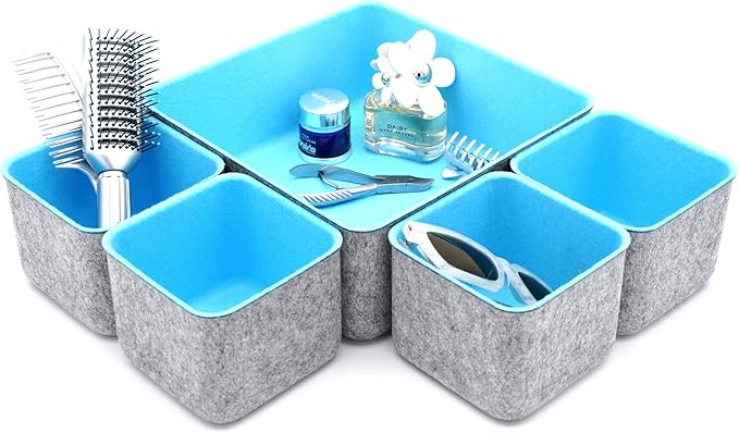 Welaxy Desk Drawer Organizers Storage bins Set Home Office Pen holder pencil phone stand Remote controller Closet Cabinet boxes decluttering 5-piece gifts idea (Baby Blue)