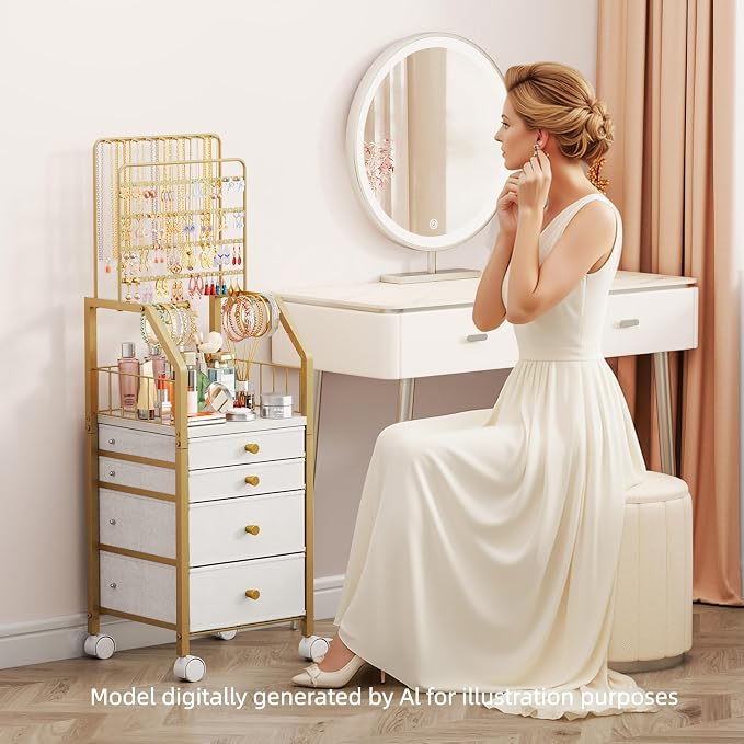 SWTYMIKI Gold Jewelry Organizer Stand - Multifunctional Rack Tower for Necklace, Earring, Ring & Bracelet Display - Moveable Storage Jewelry Holder Stand with 4 Nonwoven Drawers for Bedroom Gold