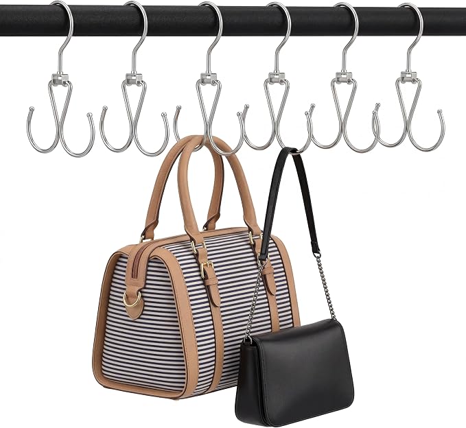 6 Pack Purse Hanger for Closet, 12 Storage Capacity Rotatable Purse Hooks, Hanging Backpack Bag Holder, Closet Organizers and Storage, Silver