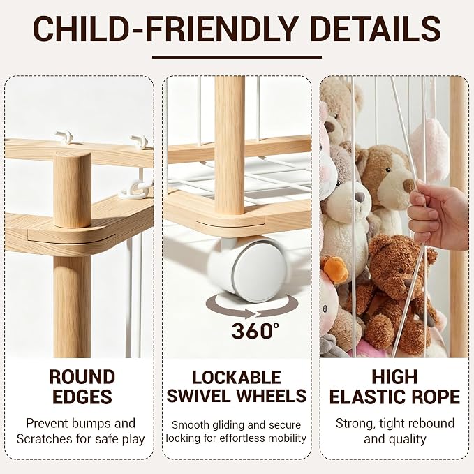 KiddoCood Kids Large Stuffed Animal Storage & Plush Toy Organizer, 54.5" H | 3 Tier Solid Wood Plush Holder, BPA-Free & Zero Glue, CPC & TIC Certified, Corner Solution for Playroom & Nursery