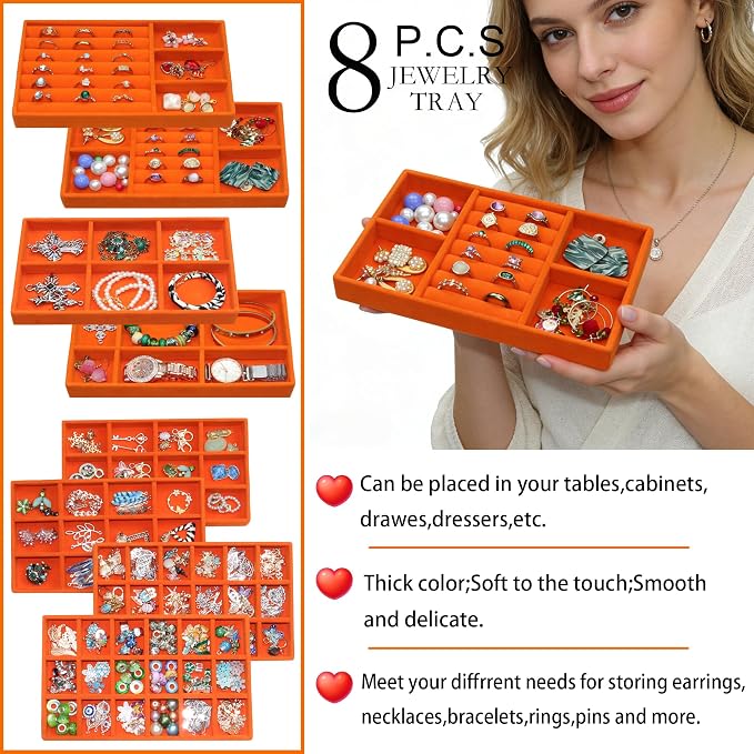 Jewelry Organizer Tray Set of 8, Stackable Velvet Jewelry Trays with Removable Dividers, Drawer Inserts Earring Organizer for Women, Jewelry Storage Display Case for Rings Necklaces Bracelets, Orange