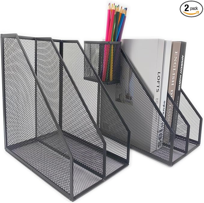 2 Set Desk Organizers, Metal Desk Magazine File Holder and 1 Pen Holder, 2 Compartments Mesh File Holder, Mesh Desktop Organizer and Storage,Black