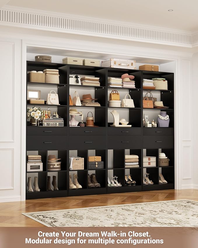 Besiost 22" Closet System with Drawers, 1.85 FT Small Closet Organizer for Walk in Closet, Bedroom & Nursery, Wardrobe Storage Unit with Storage and Shelves, Enclosed Storage Volume 2.58 ft³, Black