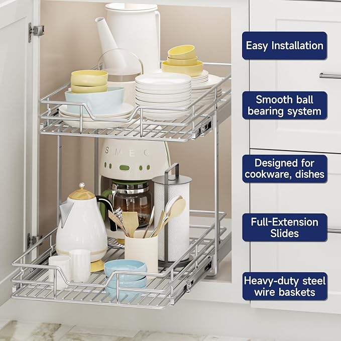 2-Tier Pull Out Cabinet Organizer, 16.5" W x 21.5" D, Heavy Duty Dual Slide Out Shelves for Base Cabinets, Chrome Wire Basket Drawer for Pantry, Kitchen & Bathroom Storage
