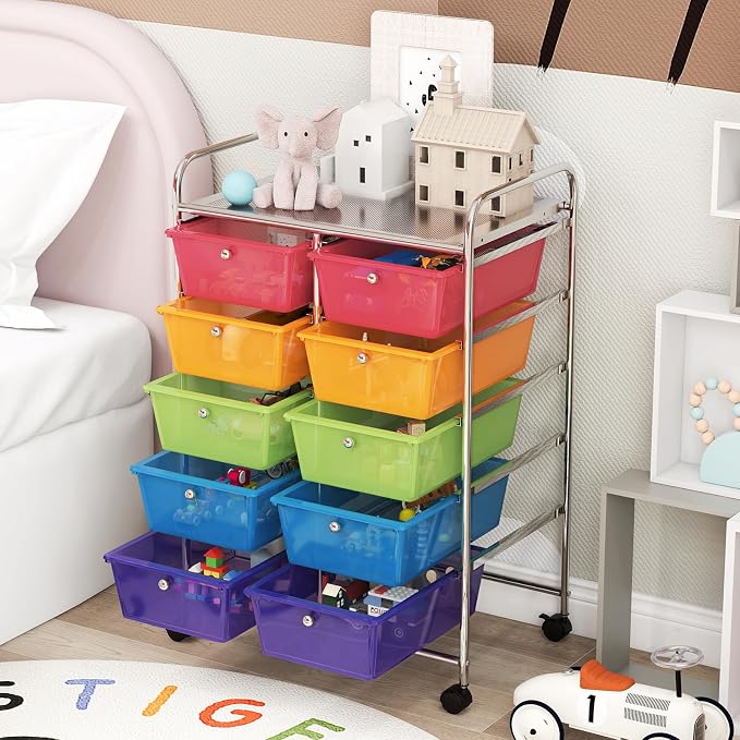 COSTWAY 10 Drawer Rolling Storage Cart, Utility Cart with Lockable Wheels | Mobile Art Supply Craft Organizer with Metal Frame, Multipurpose Drawer Cart for Paper for Office, School, Rainbow