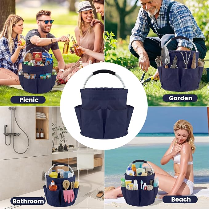 Cleaning Caddy with Handle and 6 Pockets, 17L Cleaning Supplies Organizer, 600D Oxford Fabric Storage Basket, Multifunctional Bucket Bag for Picnics, Camping, Gardening, Bathing (Dark Blue)