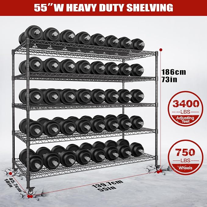 5 Tier Wire Shelving 2 Pack | 55”W Storage Shelves Heavy Duty | Rolling Wire Rack with Wheels | 3250 LBS Metal Shelving | Garage Shelving Units and Storage | Adjustable Layer Height | 55”W×18”D×73”H