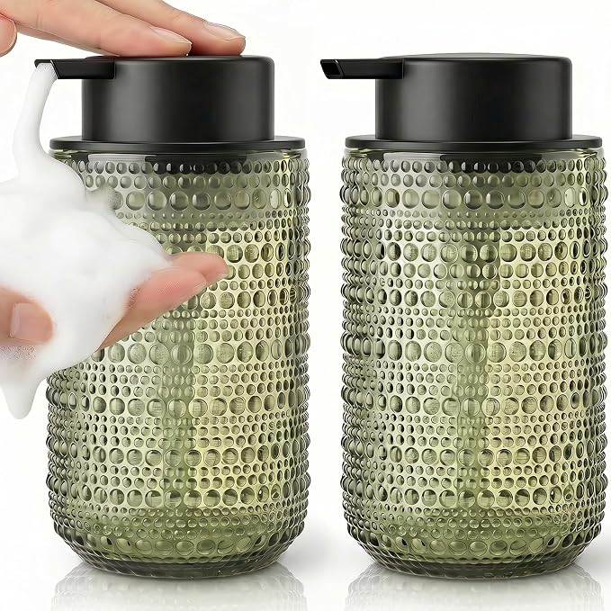 Green Glass Foaming Soap Dispenser, 2 Pack Vintage Foam Hand Soap Dispenser, 14 OZ Hobnail Texture Foam Dispenser with Black Pump for Bathroom, Kitchen, Refillable, Nordic Modern Farmhouse Decor ﻿