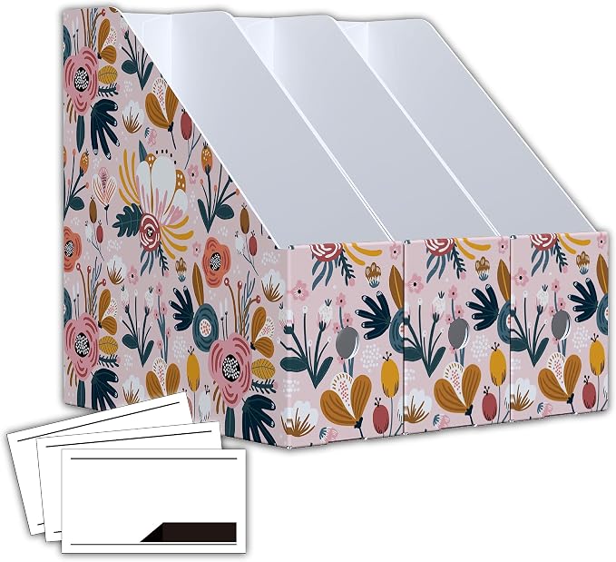 ANSSDO 6 Pack Cardboard Magazine File Holder Organizer - Pink Floral | 12 Pieces Lable Included; Large Volume Recycable Cardboard Storage Box for Letter-sized Documents or Textbooks on Desk