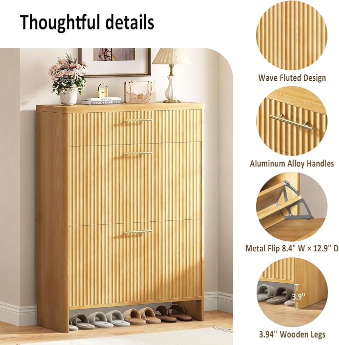 Fluted Shoe Storage Cabinet for Entryway, Narrow Wooden Shoe Cabinet with 2 Flip Drawers & Pull-Out Drawer, Modern Freestanding Slim Shoe Organizer Rack for Foyer/Hallway/Living Room, Oak