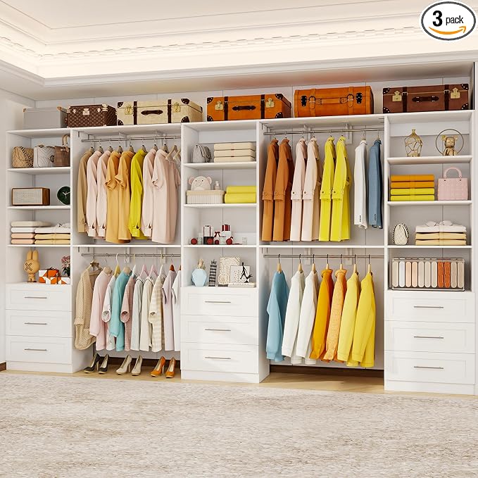 Closet System with 9 Drawers, 8FT-17FT Closet Organizer System Storage Storage Adjustable with 9 Cuttable Shelves for Walk in Closet with 9 Expandable Hanging Rods, 3 Sets , White