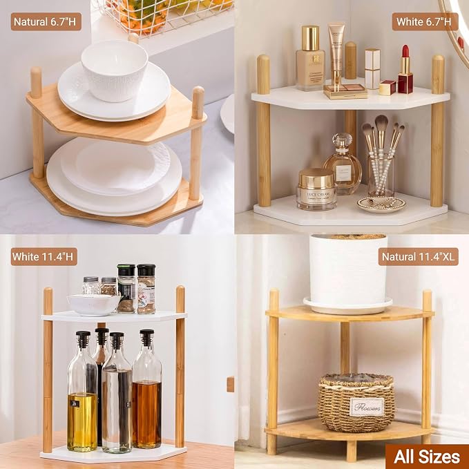 3-Tier Expandable Bamboo Corner Shelf - Dish/Plate Organizer for Cabinet, Kitchen Counter Shelf & Small Kitchen Shelf, Adjustable (11.4" H-Natural, 2-Tier)