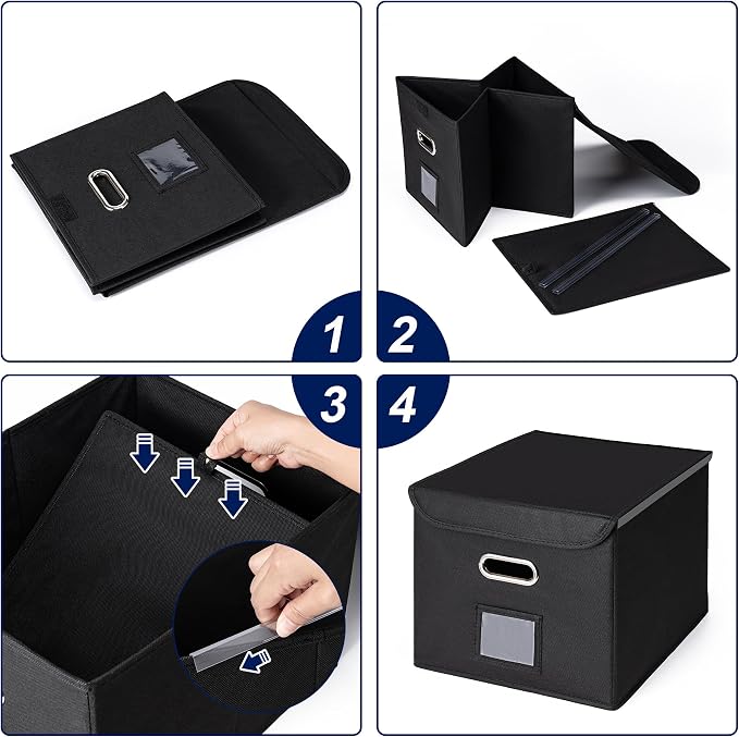 CADONO File Organizer Box with Lid, Large Hanging File Folder Organizer with Plastic Slide, Collapsible Portable Filing Storage Boxes for Office/Decor/Home (Black, 14.9 x 12.59 x 10.8 inch, 2-Pack)