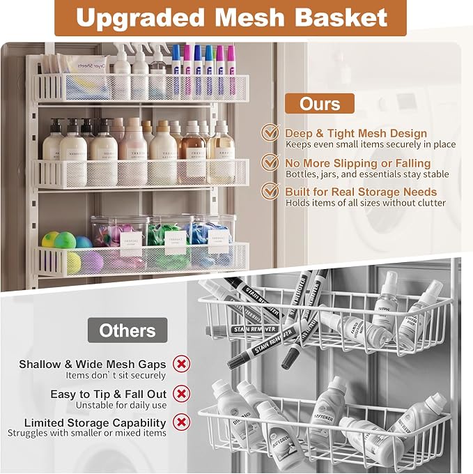Over the Door Pantry Organizer, 8-Tier Heavy-Duty Door Spice Rack with Mesh Baskets, Height Adjustable & Anti-Swing Design, Pantry Door Organizers and Storage for Kitchen, Bathroom