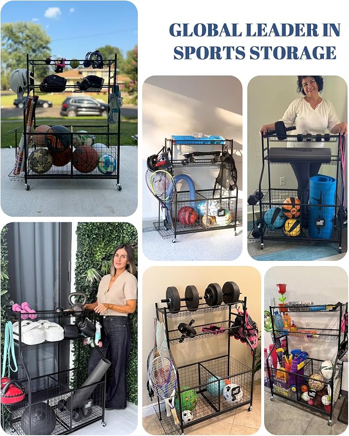 Mythinglogic Sports Equipment Garage Organizer,Garage Ball Storage for Sports Gear and Toys, Rolling Ball Cart with Wheels for Indoor/Outdoor Use