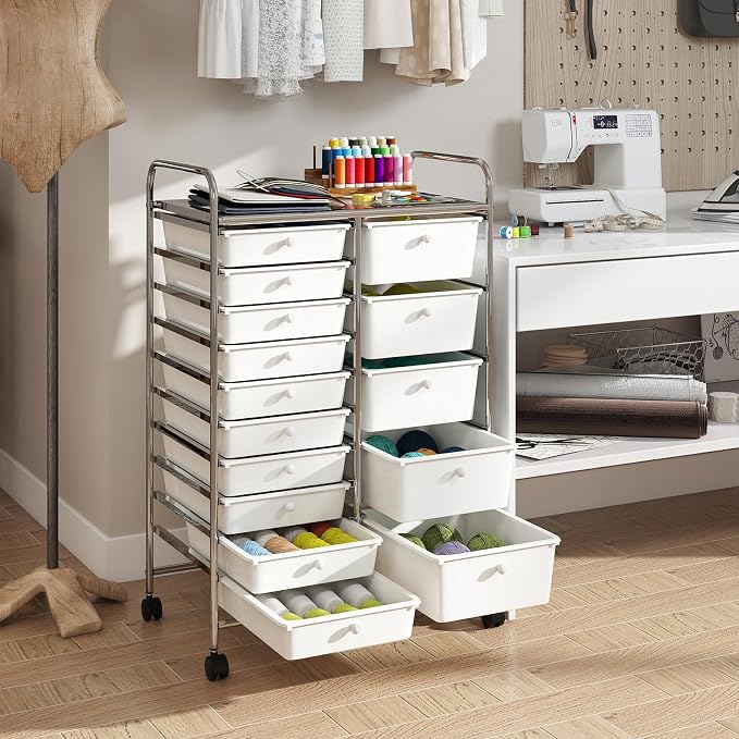 DREAMADE 15-Drawer Rolling Storage Cart, Mobile Craft Cart, White | Utility Organizer with Lockable Wheels, Removable Plastic Drawers and Metal Frame for Home Office, Classroom and Studio
