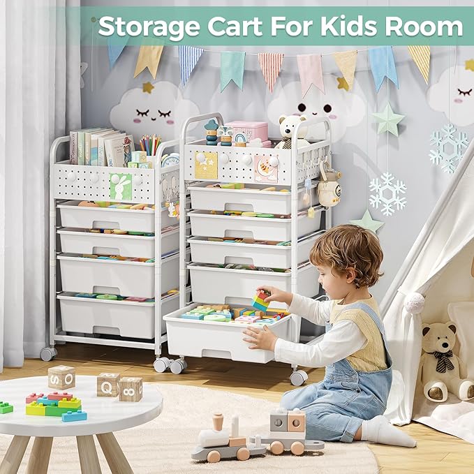 4 Drawer Rolling Storage Cart with Pegboard Top and Hooks, Mobile Organizer Cart with Wheels for Office Supplies, Craft Storage, Classroom Organization, Home Utility Cart, White