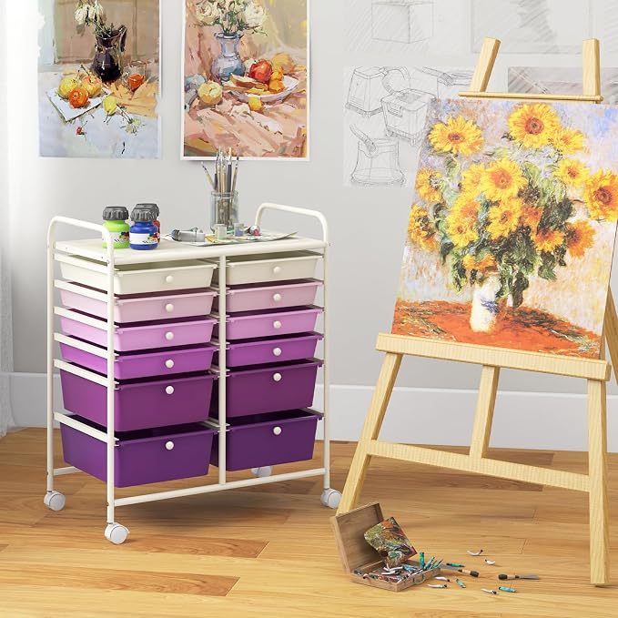 BECOMFORT 12-Drawer Rolling Cart with Drawers, Storage Cart on Wheels, Teacher Classroom Organizers with Metal Frame, Mobile Craft Cart, Trolley Utility Cart for School Office Play Room