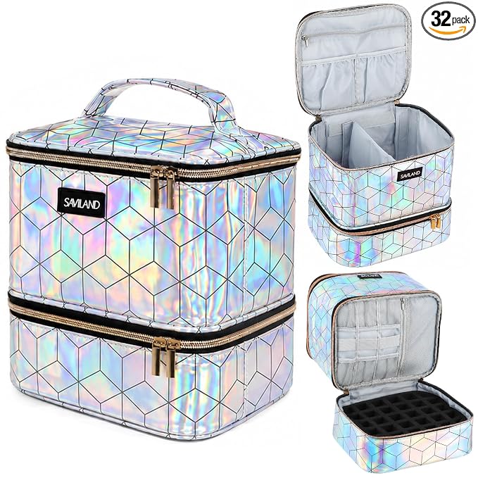 SAVILAND Nail Polish Organizer Bag: PU Leather Nail Kit Organizer Holds 30 Bottles & Nail Lamp, Holographic Nail Supply Organizer Nail Polish Holder Case Nail Organizers and Storage Box for Nail Tech