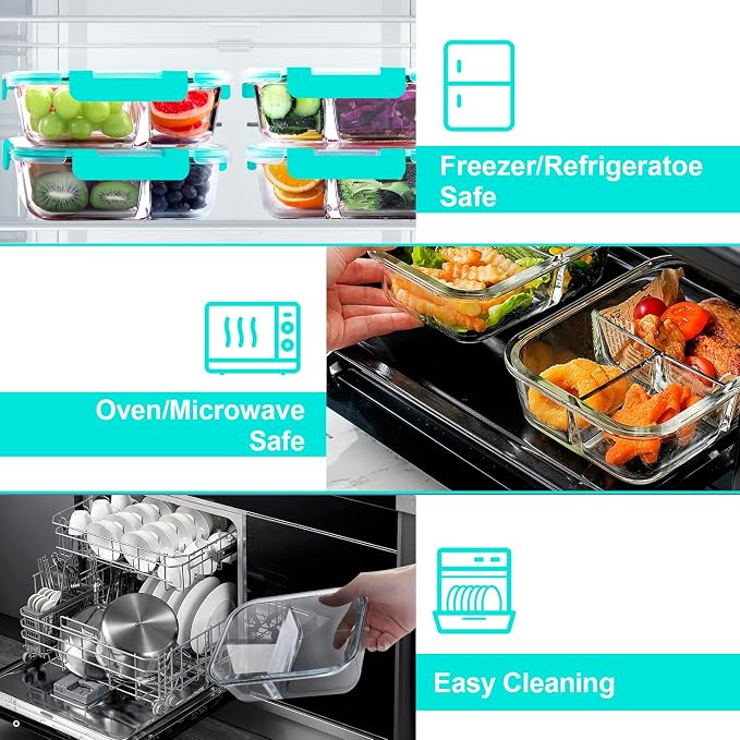 VERONES 5 Pack Glass Meal Prep Containers 3 Compartment Set, 36OZ Airtight Glass Lunch Containers, Glass Food Storage Containers with Lids, for Microwave, Oven, Freezer & Dishwasher Friendly,Green
