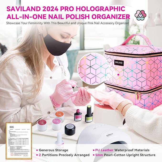 SAVILAND Nail Polish Organizer Bag: PU Leather Nail Polish Storage Organizer Holds 30 Bottles & Nail Lamp, Nail Polish Holder Travel Carrying Case Box Nail Tech Organizer Storage Bag for Nail Supplies