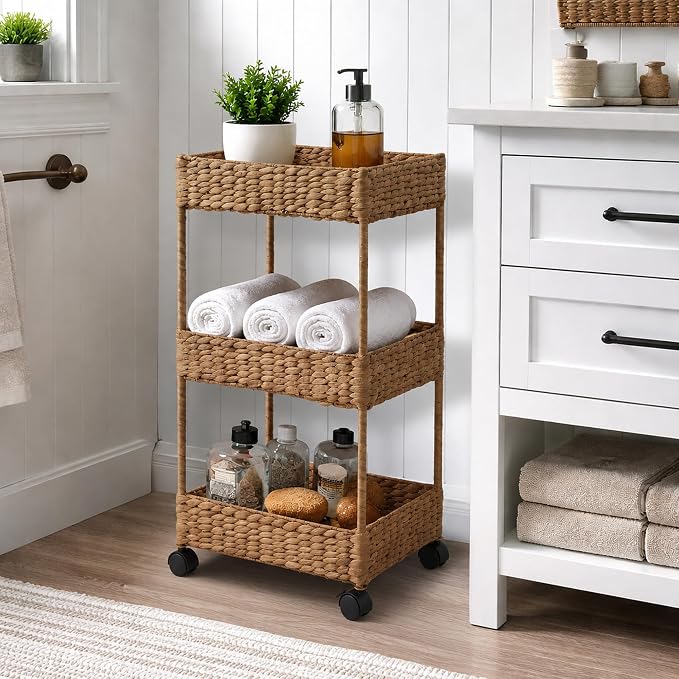 Casafield 3-Tier Rolling Storage Cart - Cinnamon, Water Hyacinth Nursery Caddy, Utility Cart for Bathroom, Craft Room, Laundry Room Organization