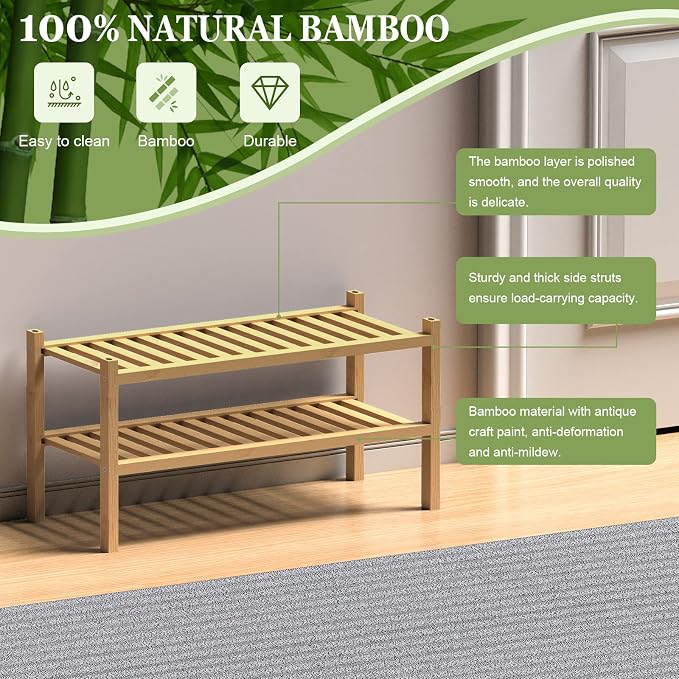 ROMGUAR CRAFT (Thick Bamboo Shoe Rack for Entryway, 2-Tier Free Standing Shoe Racks Stackable Shoe Rack Organizer for Hallway Closet Living Room 27 x12 x14 Inches