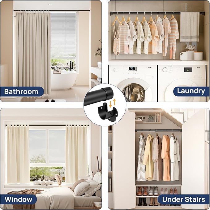 ENJOYBASICS Closet Rods for Hanging Clothes, 17 to 53 Inches Stepless Adjustable Closet Pole, 1.3 Inches Heavy Duty Clothes Rod for Wardrobes, Bathroom, Laundry and Windows, Black