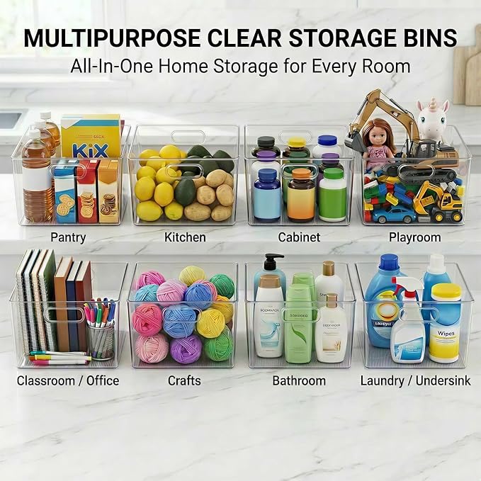 MOONEDGE 6-Pack 12x12x7 Extra Large Clear Plastic Storage Bins with Handles | Cube PET Organizer Square Boxes for Pantry,Closet,Kitchen,Bathroom,Laundry,Classroom,Playroom Organization