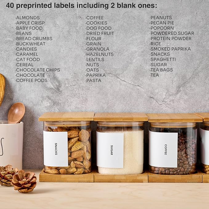 Glass Storage Jars with Bamboo Lids, 50oz Square Food Storage Containers for Kitchen Pantry Organization, Storage Canisters with Labels for Cereal Flour Beans Tea, Large Spice jars Seasoning Bottles
